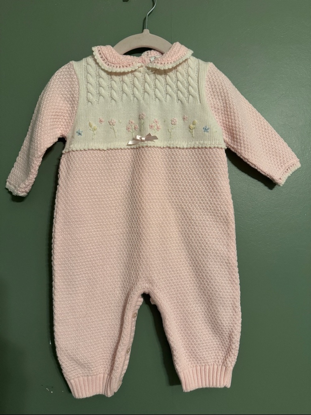 Sarah Louise Vintage Embroidered Pearl Romper Pink and White Peter Pan 6 Month